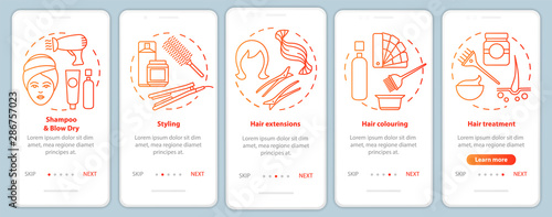 Hairdresser salon services red onboarding mobile app page screen vector template. Hair styling parlor. Walkthrough website steps with linear illustrations. UX, UI, GUI smartphone interface concept