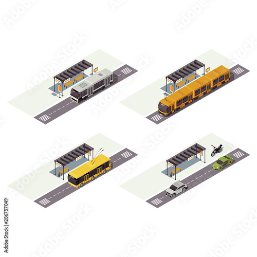 City transport isometric color vector illustration. Public urban transportation infographic. Bus stop. Tram, trolleybus, cars and motorcycle. Auto 3d concept isolated on white background