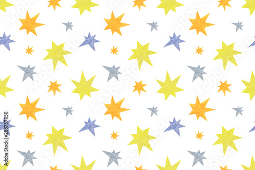 A repeat pattern of stars of different colors and sizes on the white background  simple ornament