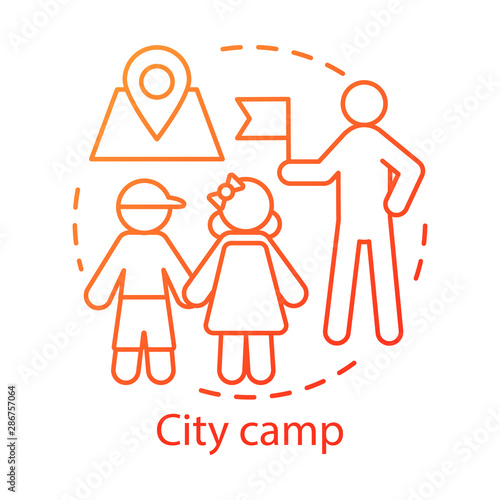 City camp concept icon. Summer urban children club, holiday pastime idea thin line illustration. Exploring town, visiting city landmarks. Vector isolated outline drawing. Editable stroke