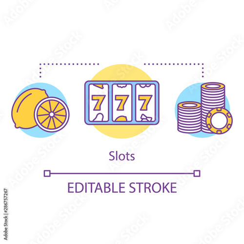 Slots machine concept icon. One armed bandit idea thin line illustration. Lucky seven, 777. Casino games & gambling. Roulette, lottery. Lucky spin. Vector isolated outline drawing. Editable stroke