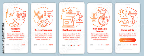 Casino bonuses onboarding mobile app page screen with linear concepts. Gambling. Comp points, cash back, referral, welcome bonuses. Walkthrough steps graphic instructions. UX, UI, GUI vector template