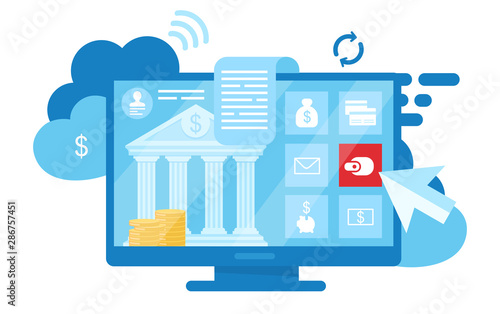 Online banking account flat vector illustration. Digital wallet, ewallet services cartoon concept. Financial management. Ebanking transactions, internet billing system isolated metaphor on white