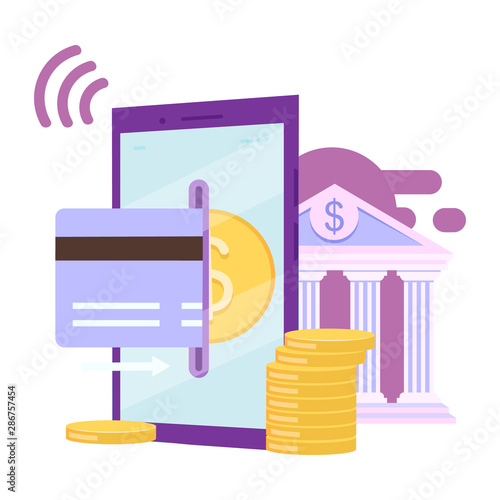 Banking app flat vector illustration. Credit card financial transactions cartoon concept. E payment, online bill pay by smartphone isolated metaphor on white background. Ewallet, ebanking application