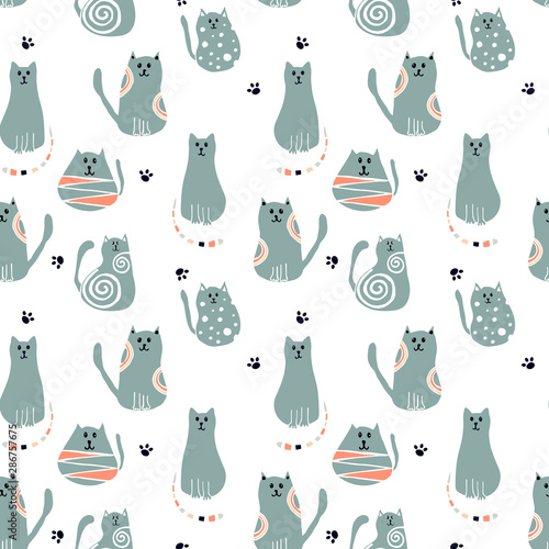 Seamless pattern with cartoon cute cats. Art can be used for print, poster, packing.