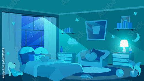 Children bedroom furnishing flat vector illustration. Moon shedding soft light through window. Girls apartment interior. Cute bed and sofa with cushions. Decorative stars and clouds on wall