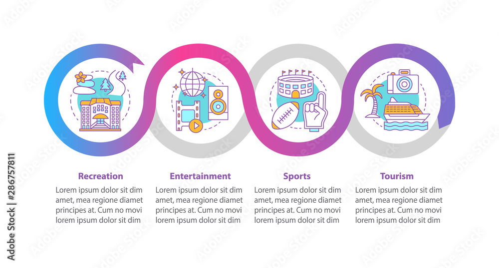 Recreation industries vector infographic template. Business presentation design elements. Data visualization with four steps and options. Process timeline chart. Workflow layout with linear icons