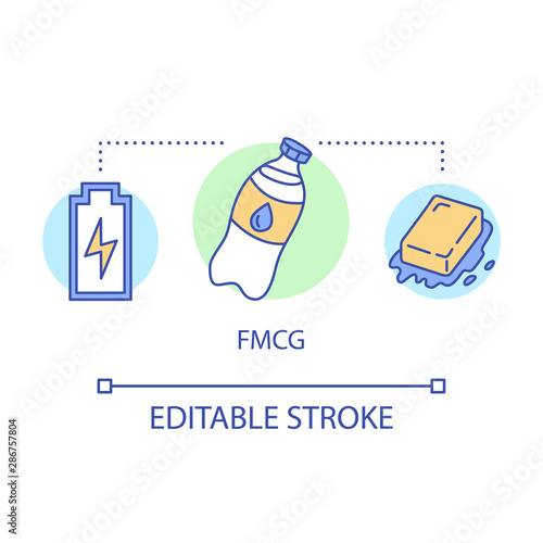 FMCG concept icon. Fast moving consumer goods idea thin line illustration. Low cost and quickly sold products. Market industry management. Vector isolated outline drawing. Editable stroke