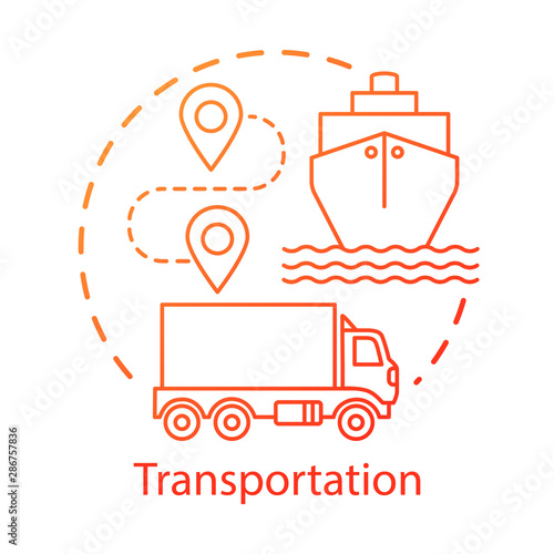 Transportation concept icon. Shipping by sea and by land. Route, ship, truck. Logistics and distribution. Cargo delivery idea thin line illustration. Vector isolated outline drawing. Editable stroke