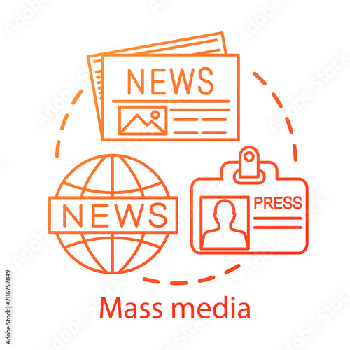 Mass media concept icon. News agency. Press. Information channel. Review of world events. Newspaper editorial office idea thin line illustration. Vector isolated outline drawing. Editable stroke