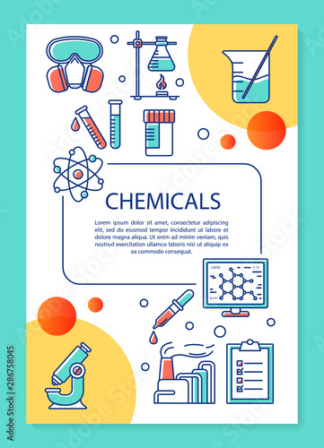 Chemicals industry poster template layout. Scientific research, lab. Banner, booklet, leaflet print design with linear icons. Vector brochure page layouts for magazines, advertising flyers