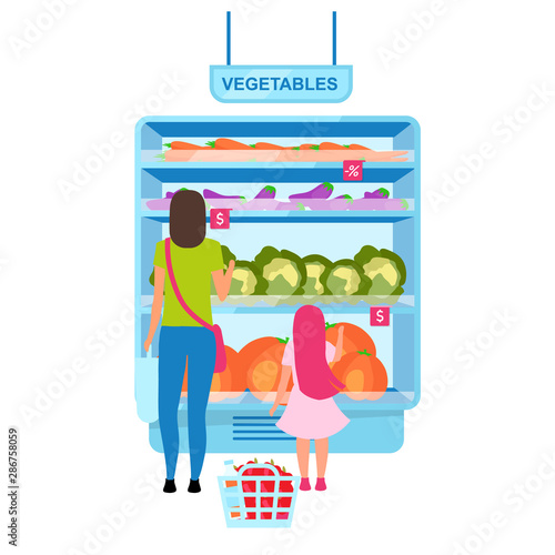 Woman choosing vegetables in greengrocery flat vector illustration. Mother and daughter selecting tomato in grocery store cartoon character. Shopping in supermarket. Customers in mall doing purchases