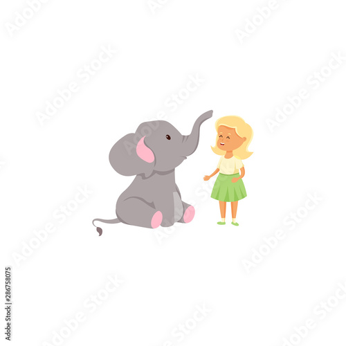 little girl with baby elephant. Raster illustration in flat cartoon style