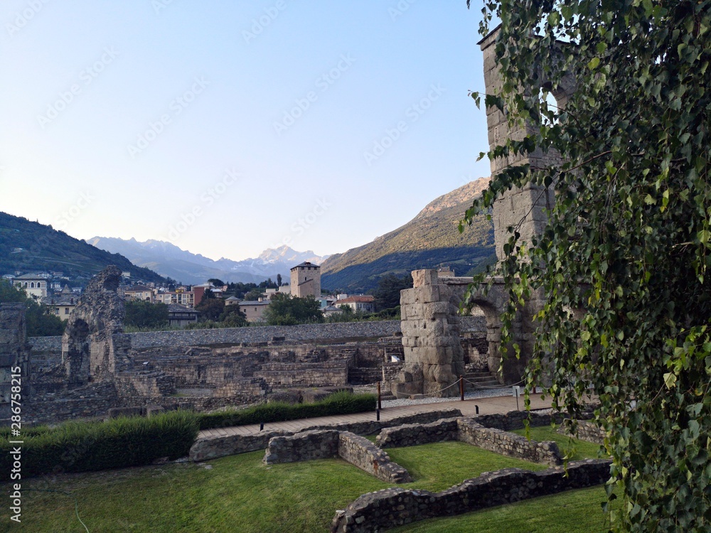  Roman ruins in Aosta, Italy. Ancient theater. Teatro Romano