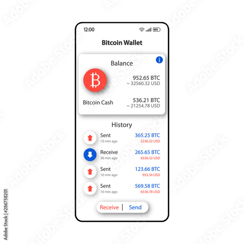 Bitcoin wallet smartphone interface vector template. Mobile app page white design layout. Cryptocurrency organizer screen. Flat UI for application. Monetary transactions phone display