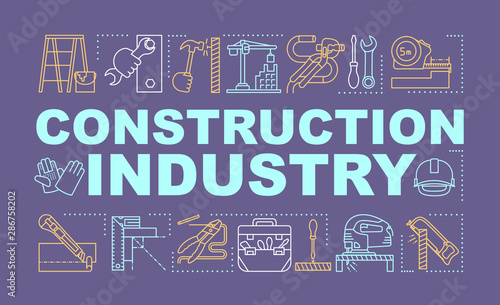 Construction industry word concepts banner. Repair and renovation of housing. Building yard. Presentation, website. Isolated lettering typography idea with linear icons. Vector outline illustration