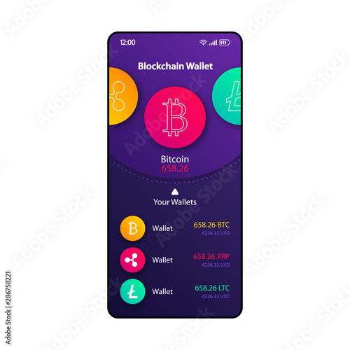 Blockchain wallets manager smartphone interface vector template. Mobile app page violet design layout. Cryptocurrency balance screen. Flat UI for application. Digital money organizer phone display