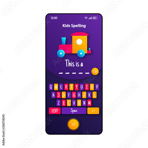 Kids spelling smartphone interface vector template. Mobile app page violet design layout. Teaching writing screen. Flat UI for application. Learning letters, basic knowledge phone display