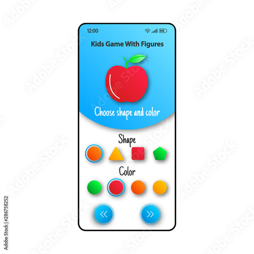 Kids game smartphone interface vector template. Mobile app page white and blue design layout. Learning shapes and colors screen. Flat UI for application. Basic knowledge for children phone display