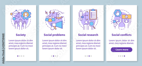 Sociology onboarding mobile app page screen with linear concepts. Society, social problems, conflicts walkthrough steps graphic instructions. Social research. UX, UI, GUI vector template with icons