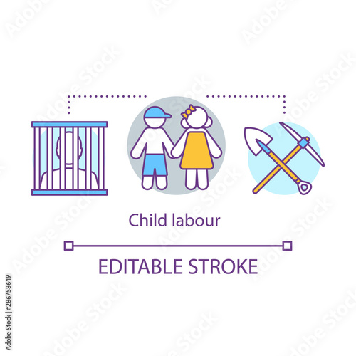 Child labour concept icon. Trafficking and exploitation of children idea thin line illustration. Illegal child work and employment, slavery. Vector isolated outline drawing. Editable stroke
