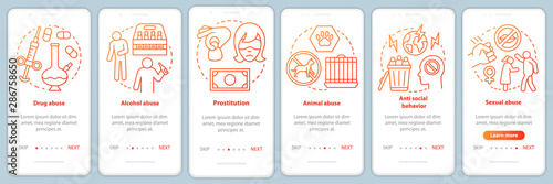 Behavioral problems onboarding mobile app page screen with linear concept. Drug & alcohol abuse, prostitution, sexual harassment walkthrough graphic instructions. UX, UI, GUI vector template with icon