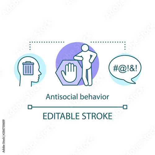 Antisocial behavior concept icon. Rude, violent behaviour idea thin line illustration. Swearing. Social violence, harassment, verbal bullying. Vector isolated outline drawing. Editable stroke