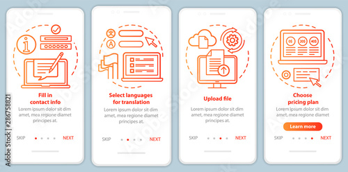 Translation service red onboarding mobile app page screen vector template. Upload file, contact info. Walkthrough website steps with linear illustrations. UX, UI, GUI smartphone interface concept