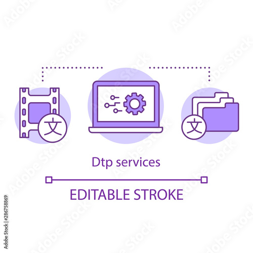 DTP services concept icon. Desktop publishing idea thin line illustration. Document, page layout creation software. Translation service. Vector isolated outline drawing. Editable stroke