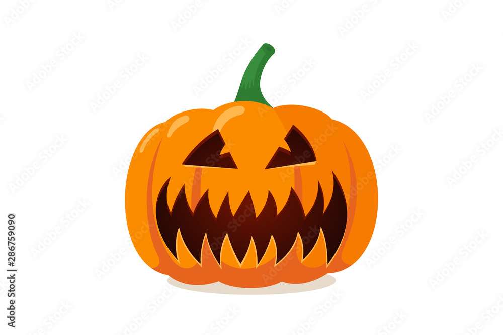 Scary pumpkin jack-o-lantern with creepy toothy smile. Traditional decoration symbol of halloween holiday celebration. Flat vector illustration isolated on white background Scary pumpkin jack-o-lantern with creepy toothy smile. Traditional decoration symbol of halloween holiday celebration. Flat vector illustration isolated on white background