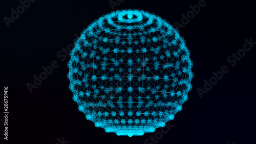 Abstract sphere consist of points and lines. 3d. Abstract globe grid on dark background.