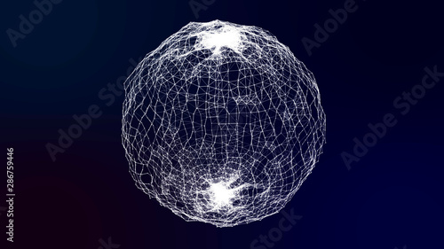Abstract sphere consist of points and lines. 3d. Abstract globe grid on dark background.