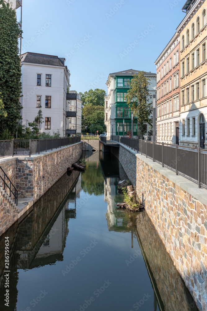 View of uncovered river Elstermuehlgraben in Leipzig,Germany