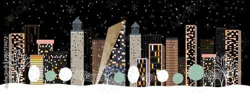 Panorama Winter landscape, Christmas and new year celebrated in the town,Modern city life, Vector flat illustration of winter cityscape at night,Concept for greeting card,banner, template