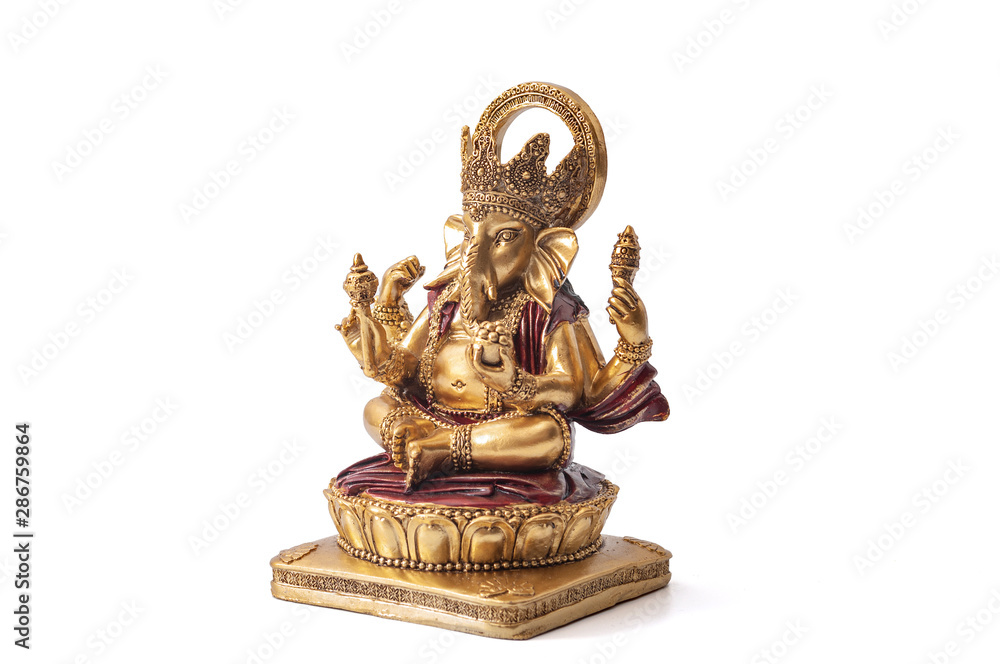 Happy Diwali, divine bless and spiritual harmony conceptual idea with Ganesh the hindu half elephant god of beginnings in meditation pose isolated on white background with clipping path cutout