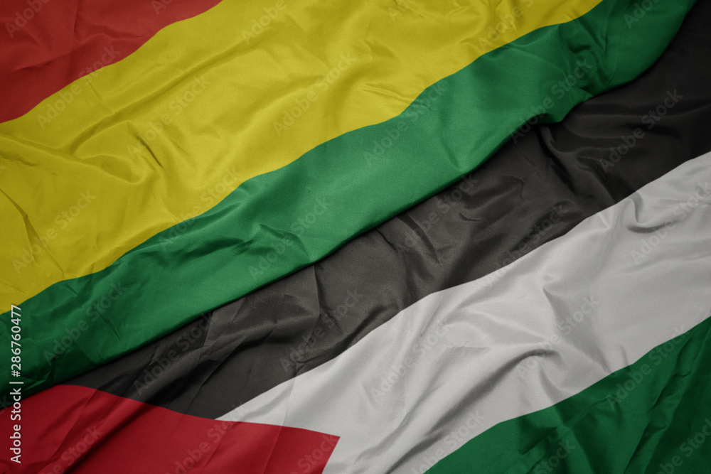 waving colorful flag of palestine and national flag of bolivia. waving colorful flag of palestine and national flag of bolivia.