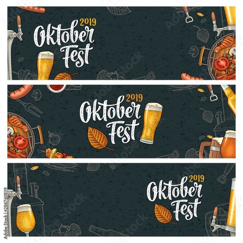 Horizontal posters to oktoberfest 2019 festival. Vintage color vector engraving