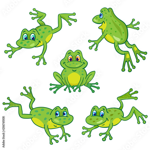 Set of five funny little frogs in cartoon style sitting and jumping on white background.