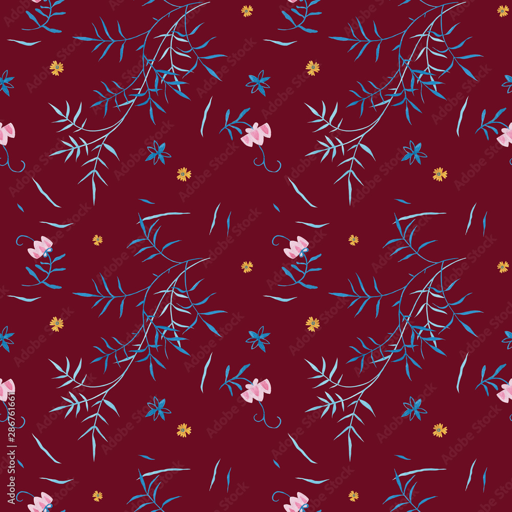 Modern floral border with traditional herbal illustrations on cerise paint background. Repeating leaves, petal thorns pattern. Soulful flora expression. Elegance seamless flowers ornament