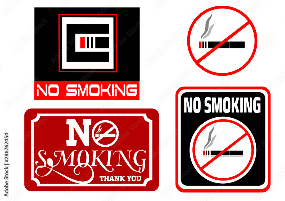 Different signs in red and black with the inscription that Smoking is prohibited Different signs in red and black with the inscription that Smoking is prohibited