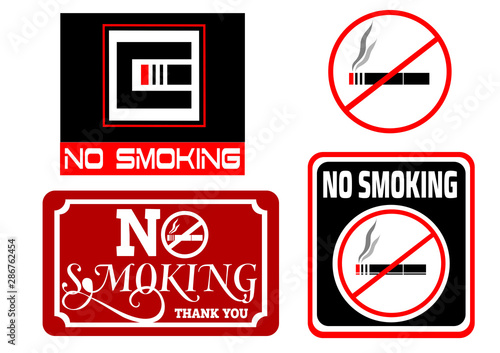 Different signs in red and black with  the inscription that Smoking is prohibited