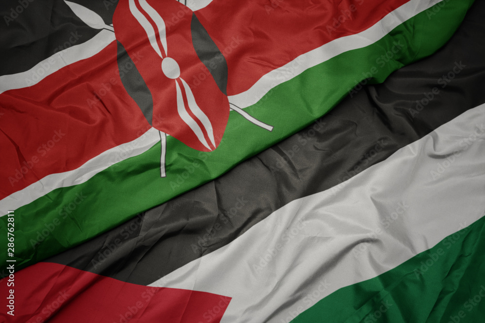 waving colorful flag of palestine and national flag of kenya.