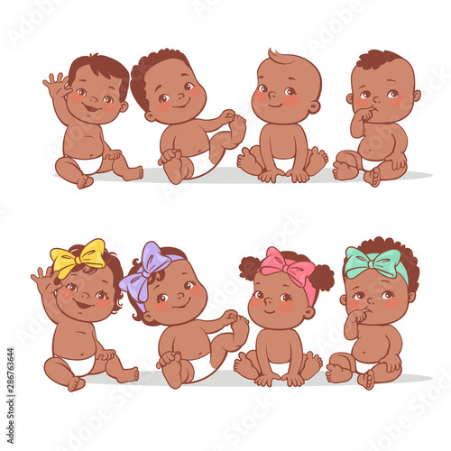 Happy little babies sit, play, waving hands, smiling.