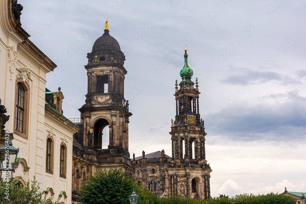 View of Catholic Cathedral and Oberlandesgericht of Dresden. Cathedral of the Holy Trinity is an important Catholic church of the city Dresden.