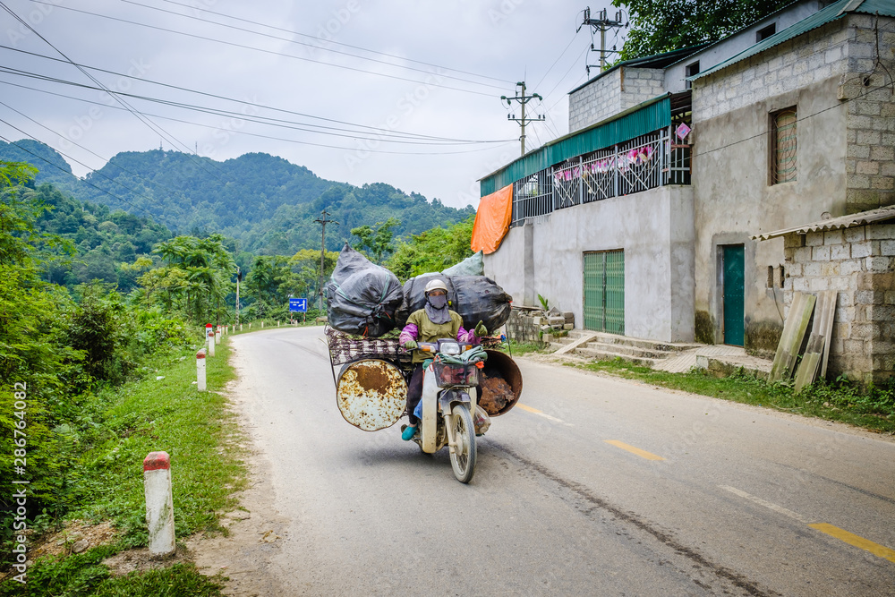 Une femme avec un masque contre la pollution transporte un imposant chargement sur sa moto, Vietnam.