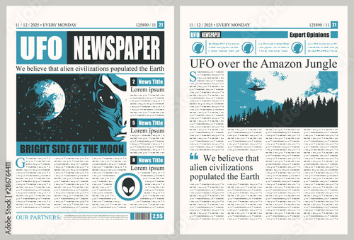 Vector template for the layout of the newspaper on the subject of UFOs. Newspaper columns with unreadable text, headlines and illustrations on the theme of extraterrestrial civilizations, alien, UFO
