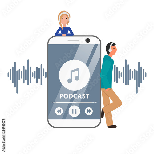 Vector Flat Concept of Podcast with Guys and Phone. Girl and Man are Next to Smartphone, Listening Pod Cast, Webinar. Illustration of Internet Digital Recording, Online Broadcasting, Online Training