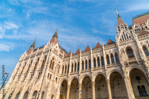 Fototapeta Naklejka Na Ścianę i Meble -  Beautiful view of Budapest parliament against the sky, Hungary.