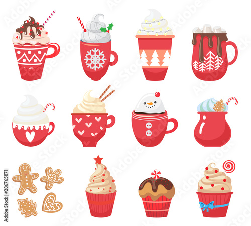 Set with winter hot drinks and dessert. Menu. Collection Christmas with funny cups and mug. Cacao, tea, coffee, milk, cookie, candy. Vector illustration