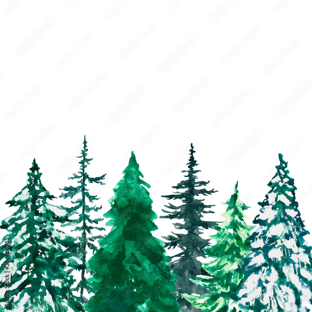 Winter greenery forest border on white background. Watercolor hand painted snowy pine and spruce trees illustration. Coniferous tree landscape frame for Christmas design, cards.